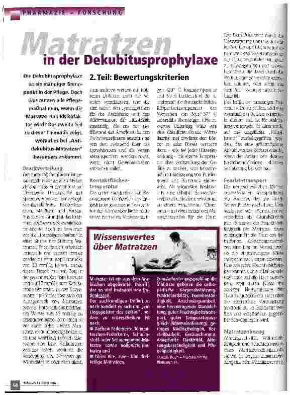 Vorschauseite 1: Matratzen in der Dekubitusprophylaxe 2. Teil: Bewertungskriterien