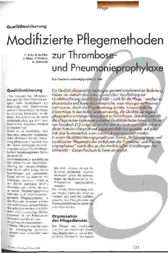 Vorschauseite 1: Modifizierte Pflegemethoden zur Thromboseund Pneumonieprophylaxe Ein Qualitätssicherungsprojekt, 1. Teil