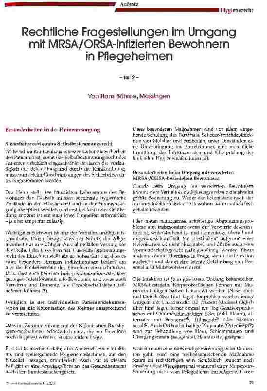 Vorschauseite 1: Rechtliche Fragestellungen im Umgang mit MRSA/ORSA-infizierten Bewohnern in Pflgeheimen