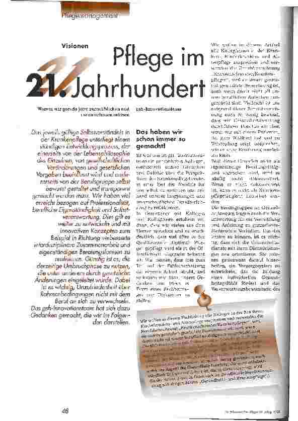 Vorschauseite 1: Pflege im 21. Jahrhundert Visionen