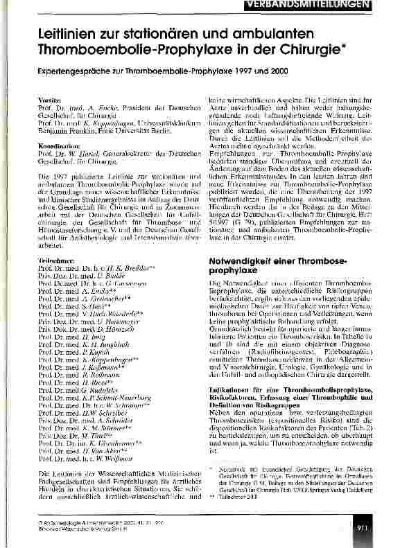 Vorschauseite 1: Leitlinien zur stationären und ambulanten Thromboembolie-Prophylaxe in der Chirurgie Expertengespräche zur Thromboembolie-Prophylaxe 1997 und 2000