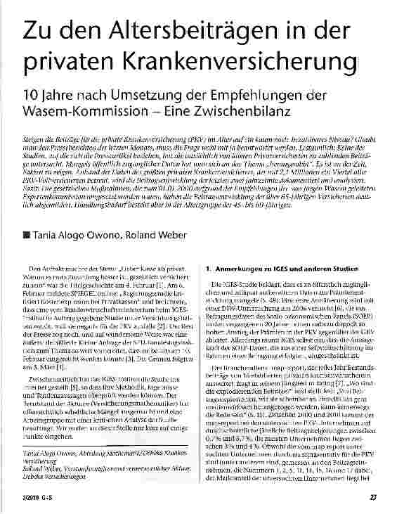 Vorschauseite 1: Zu den Altersbeiträgen in der privaten Krankenversicherung 10 Jahre nach Umsetzung der Empfehlungen der Wasem-Kommission - Eine Zwischenbilanz
