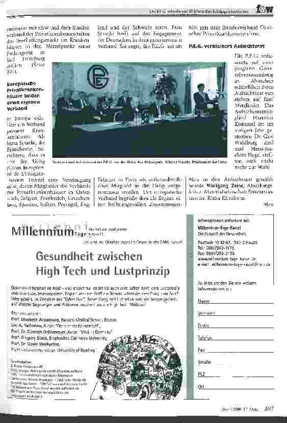 Vorschauseite 2: Die P. E. G. schreibt seit 30 Jahren ihre Erfolgsgeschichte fort Generalversammlung: Die Krankenhäuser sollen auf sich selbst vertrauen, nicht auf die Politiker