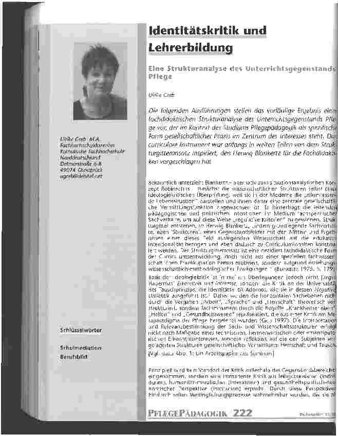 Vorschauseite 1: Identitätskritik und Lehrerbildung Eine Strukturanalyse des Unterrichtsgegenstands Pflege