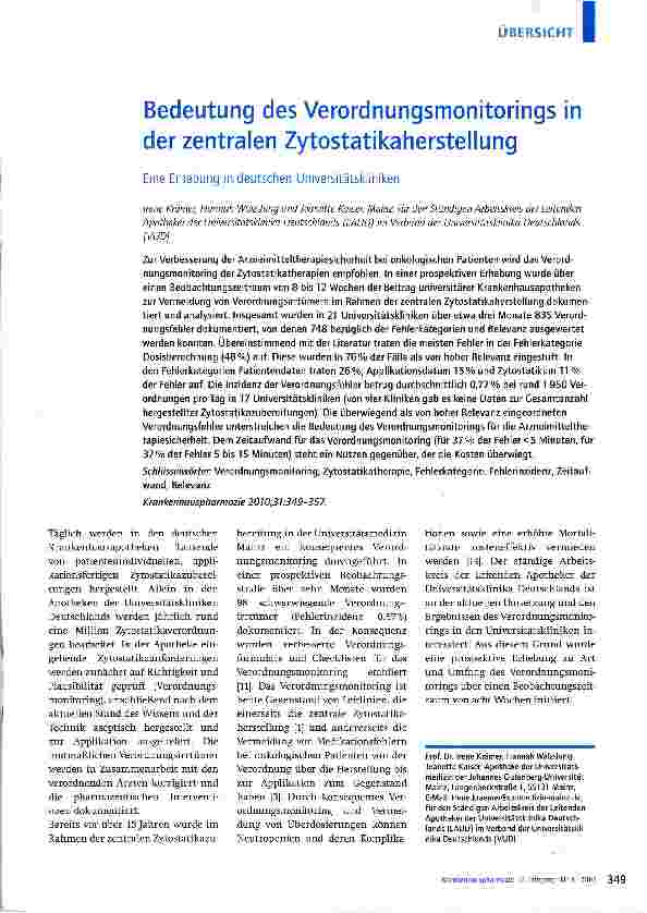 Vorschauseite 1: Bedeutung des Verordnungsmonitorings in der zentralen Zytostatikaherstellung