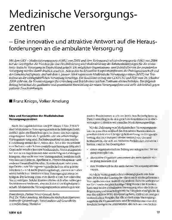 Vorschauseite 1: Medizinische Versorgungszentren - Eine innovative und attraktive Antwort auf die Herausforderungen an die ambulante Versorgung