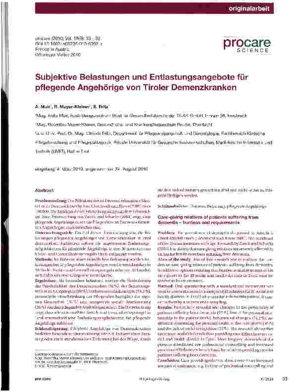 Vorschauseite 1: Subjektive Belastungen und Entlastungsangebote für pflegende Angehörige von Tiroler Demenzkranken