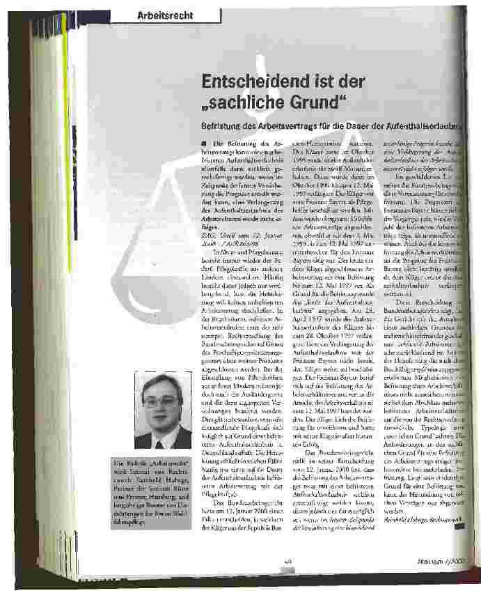 Vorschauseite 1: Entscheidend ist der sachliche Grund Befristung des Arbeitsvertrags für die Dauer der Aufenthaltserlaubnis