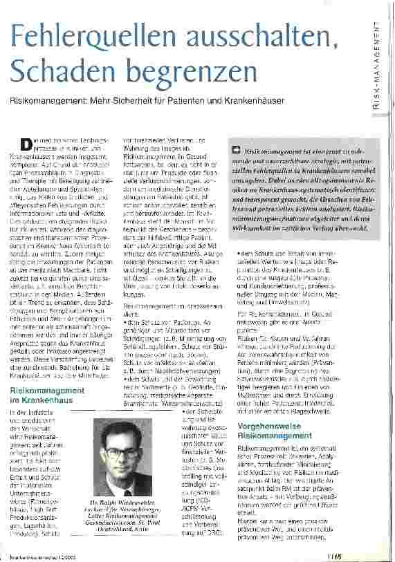 Vorschauseite 1: Fehlerquellen ausschalten, Schaden begrenzen Risikomanagement: Mehr Sicherheit für Patienten und Krankenhäuser