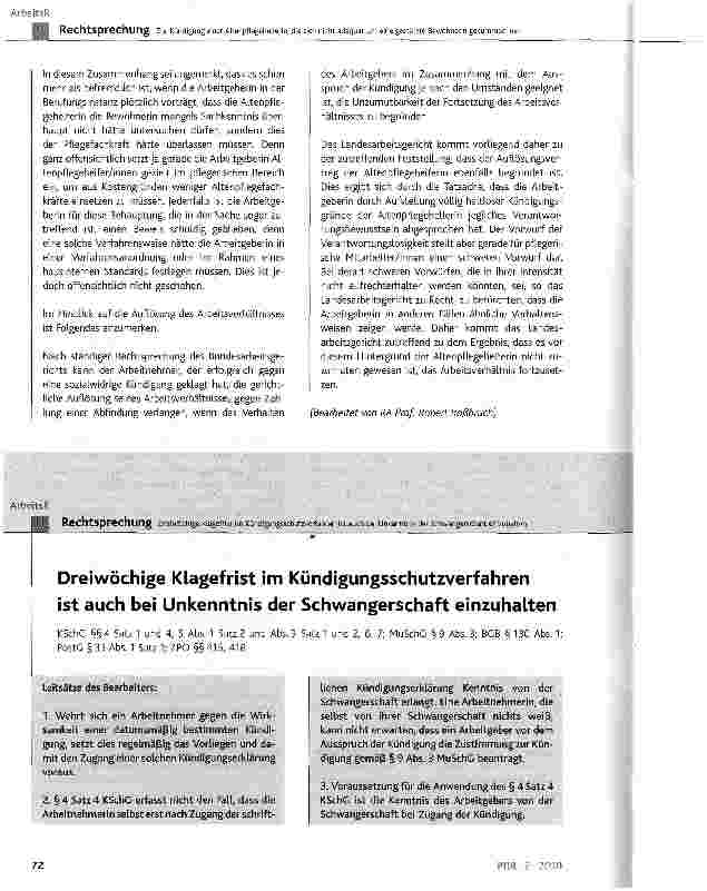 Vorschauseite 1: Dreiwöchige Klagefrist im Kündigungsschutzverfahren ist auch bei Unkenntnis der Schwangerschaft einzuhalten