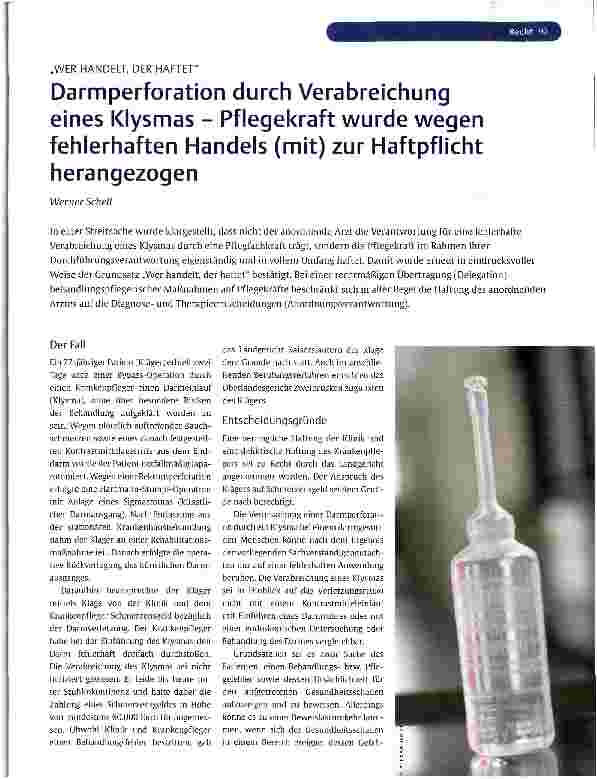 Vorschauseite 1: Darmperforation durch Verabreichung eines Klysmas - Pflegekraft wurde wegen fehlerhaften Handels (mit) zur Haftpflicht herangezogen