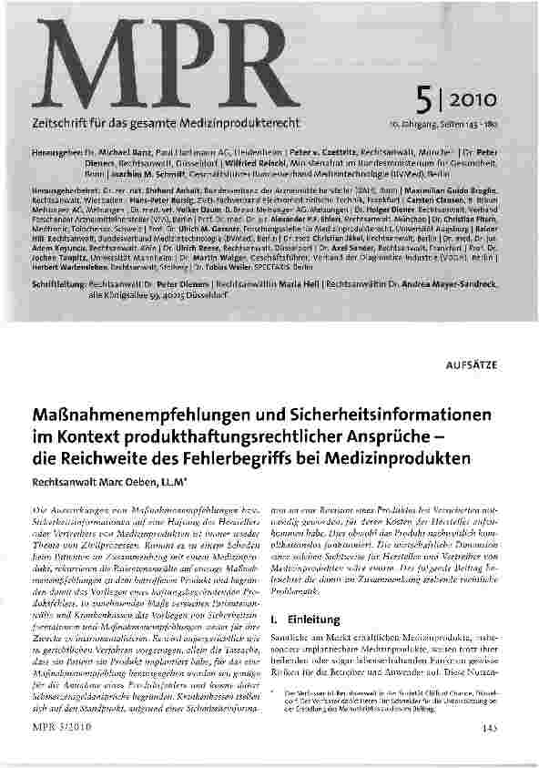 Vorschauseite 1: Maßnahmenempfehlungen und Sicherheitsinformationen im Kontext produkthaftungsrechtlicher Ansprüche-die Reichweite des Fehlerbegriffs bei Medizinprodukten
