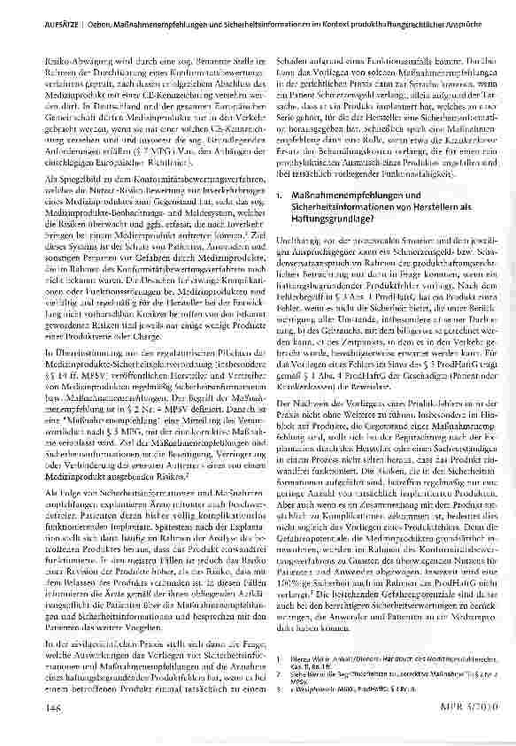 Vorschauseite 2: Maßnahmenempfehlungen und Sicherheitsinformationen im Kontext produkthaftungsrechtlicher Ansprüche-die Reichweite des Fehlerbegriffs bei Medizinprodukten