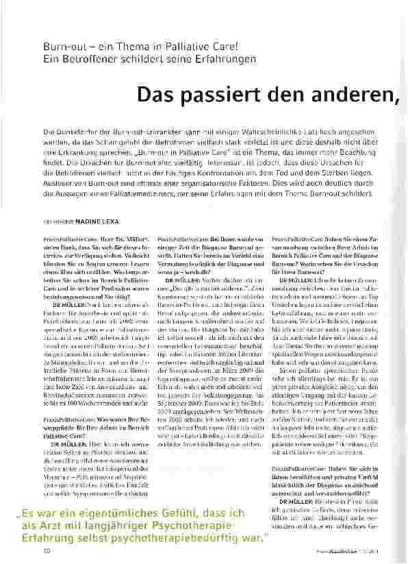 Vorschauseite 1: Burn-out - ein Thema in Palliative Care! Ein Betroffener schildert seine ErfahrungenDas passiert den anderen, nicht mir