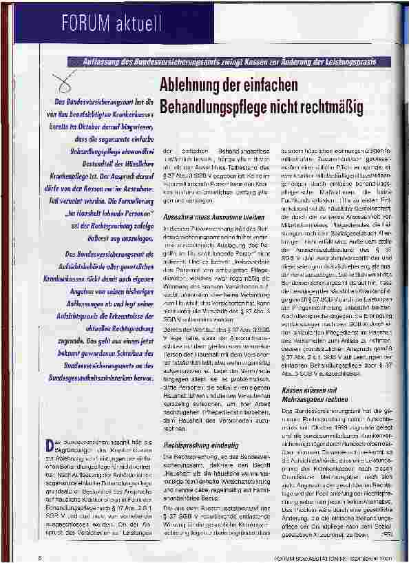 Vorschauseite 1: Ablehnung der einfachen Behandlungspflege nicht rechtmäßig Auffassung des Bundesversicherungsamts zwingt Kassen zur Änderung der Leistungspraxis