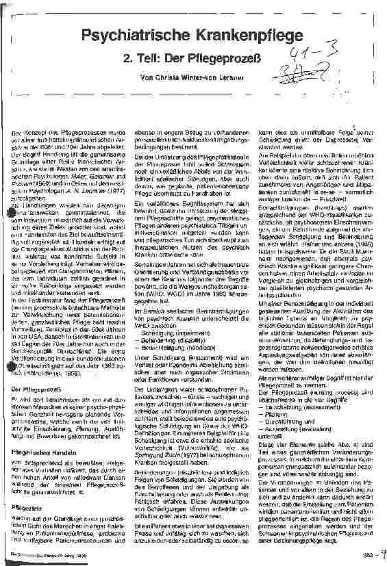 Vorschauseite 1: Psychiatrische Krankenpflege 2. Teil: Der Pflegeprozeß
