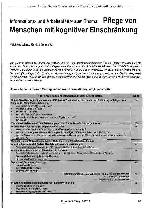 Vorschauseite 1: Informationsund Arbeitsblätter zum Thema: Pflege von Menschen mit kognitiver Einschränkung
