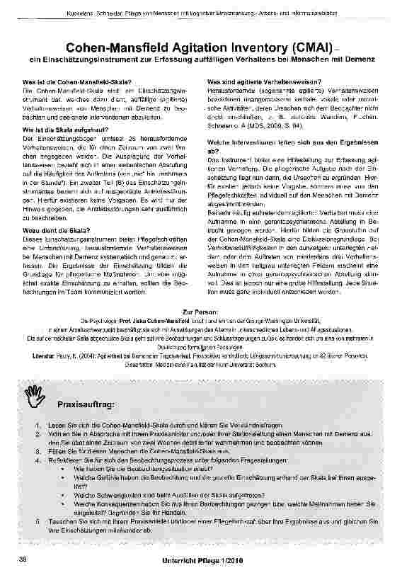 Vorschauseite 2: Informationsund Arbeitsblätter zum Thema: Pflege von Menschen mit kognitiver Einschränkung