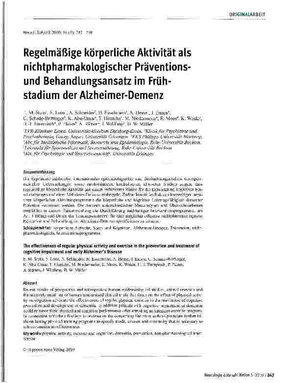 Vorschauseite 1: Regelmäßige körperliche Aktivität als nichtpharmakologischer Präventionsund Behandlungsansatz im Frühstadium der Alzheimer-Demenz