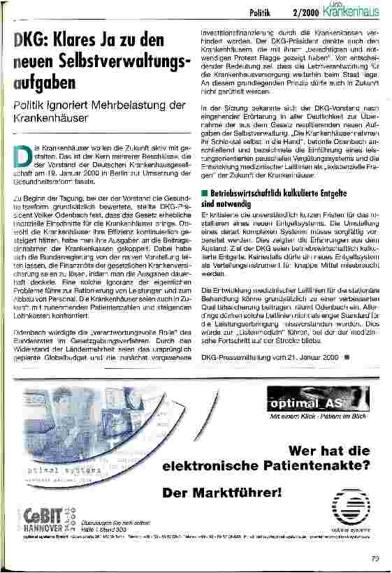 Vorschauseite 1: DKG: Klares Ja zu den neuen Selbstverwaltungsaufgaben Politik ignoriert Mehrbelastung der Krankenhäuser
