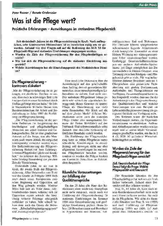 Vorschauseite 1: Was ist die Pflege wert? Praktische Erfahrungen - Auswirkungen im stationären Pflegebereich
