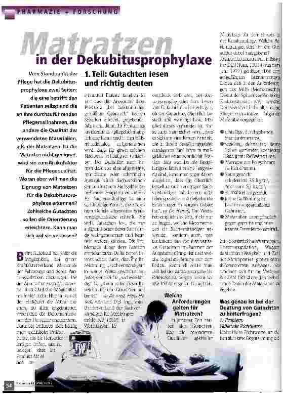 Vorschauseite 1: Matratzen in der Dekubitusprophylaxe 1. Teil: Gutachten lesen und richtig deuten