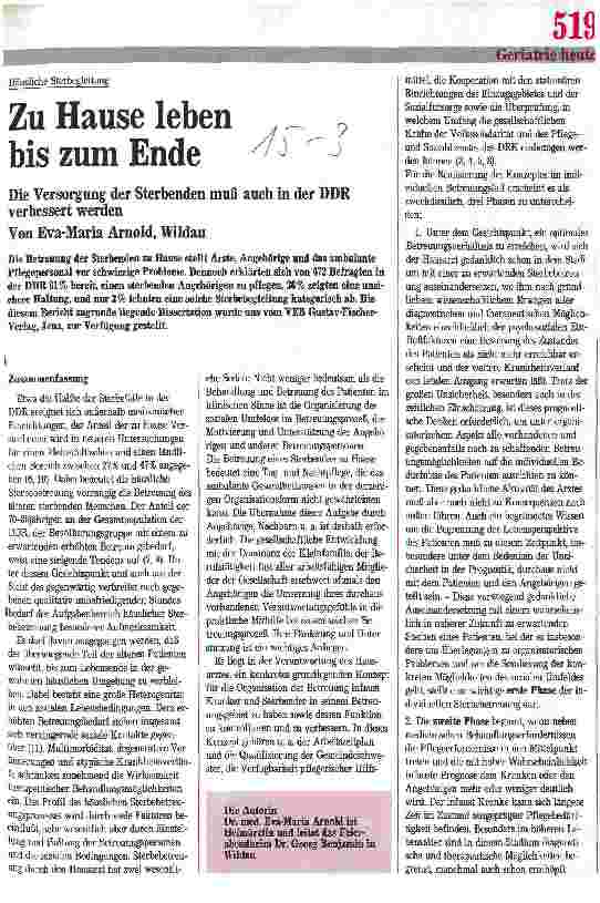 Vorschauseite 1: Häusliche Sterbegleitung, zu Hause leben bis zum Ende, Die Versorgung der Sterbenden muß auch in der DDR verbessert werden
