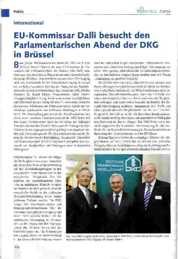 Vorschauseite 1: EU-Kommissar Dalli besucht den Parlamentarischen Abend der DKG in Brüssel