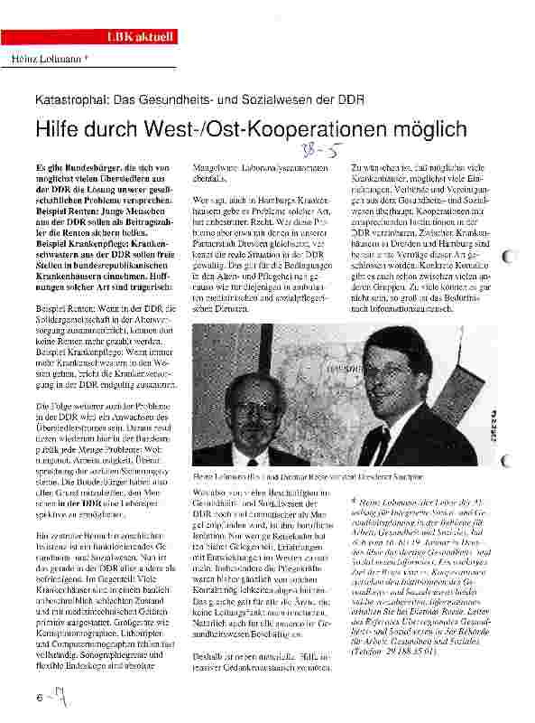Vorschauseite 1: Hilfe durch West-/Ost-Kooperationen möglich Katastrophal: Das Gesundheitsund Sozialwesen der DDR
