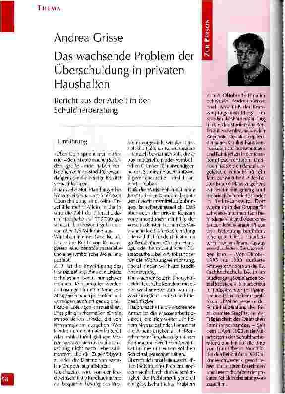 Vorschauseite 1: Das wachsende Problem der Überschuldung in privaten Haushalten Bericht aus der Arbeit in der Schuldnerberatung