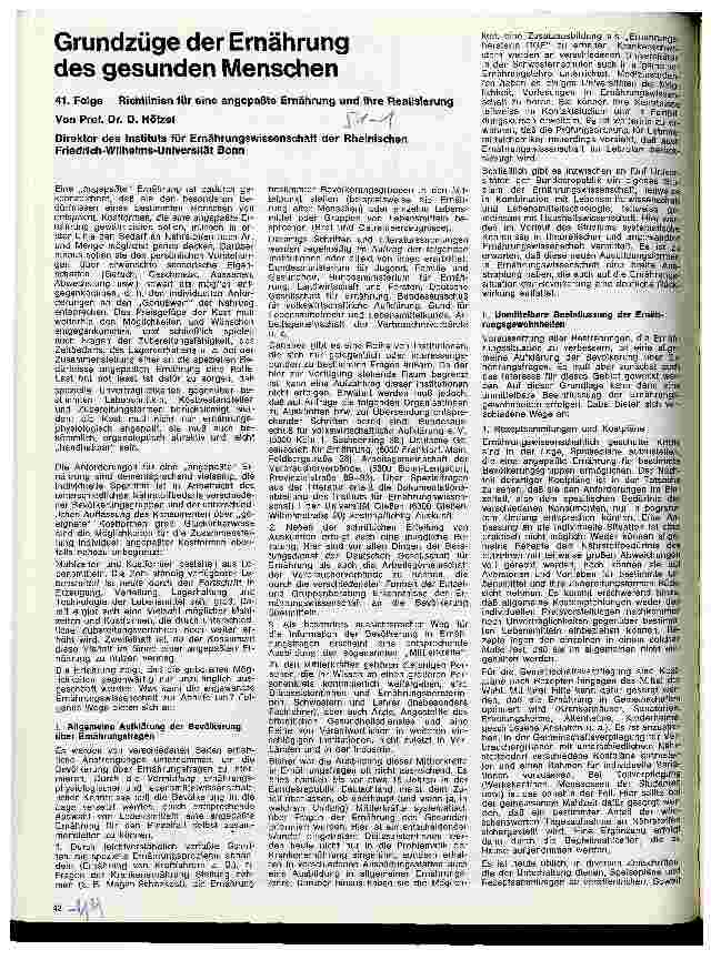 Vorschauseite 1: Grundzüge der Ernährung des gesunden Menschen 41.Folge: Richtlinien für eine angepaßte Ernährung u.ihre Realisierung