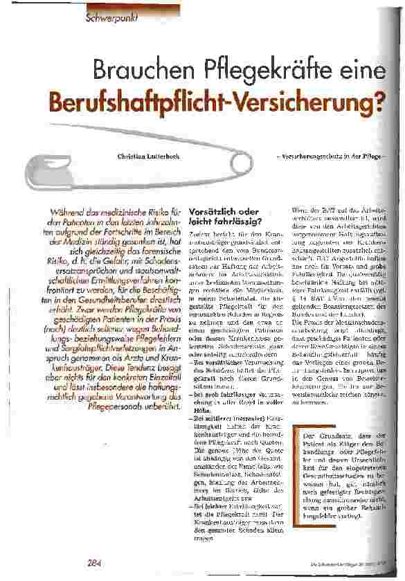 Vorschauseite 1: Brauchen Pflegekräfte eine Berufshaftpflicht-Versicherung? Versicherungsschutz in der Pflege