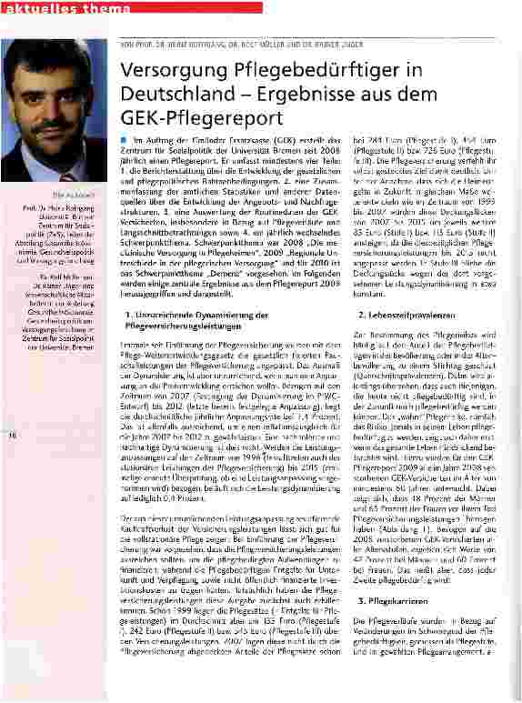 Vorschauseite 1: Versorgung Pflegebedürftiger in Deutschland - Ergebnisse aus dem GEK-Pflegereport