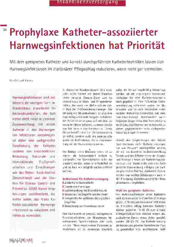 Vorschauseite 1: Prophylaxe Katheter-assoziierter Harnwegsinfektionen hat Priorität