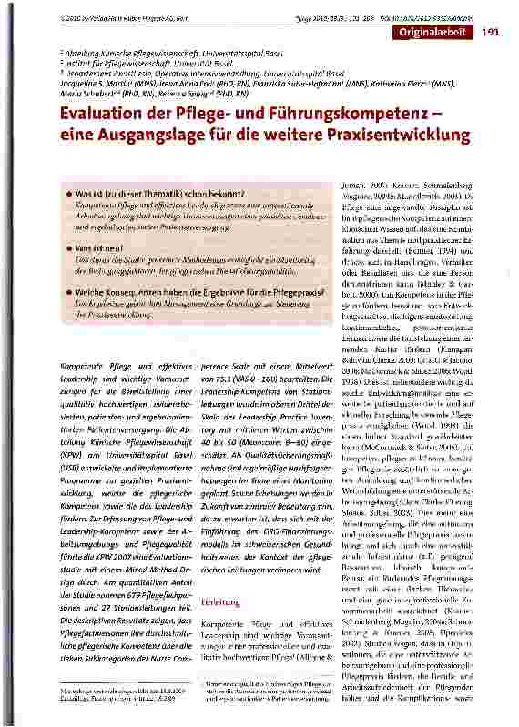 Vorschauseite 1: Evaluation der Pflegeund Führungskompetenz -eine Ausgangslage für die weitere Praxisentwicklung