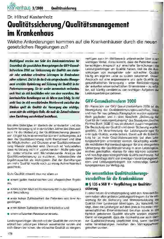 Vorschauseite 1: Qualitätssicherung/Qualitätsmanagement im Krankenhaus Welche Anforderungen kommen auf die Krankenhäuser durch die neuen gesetzlichen Regelungen zu?