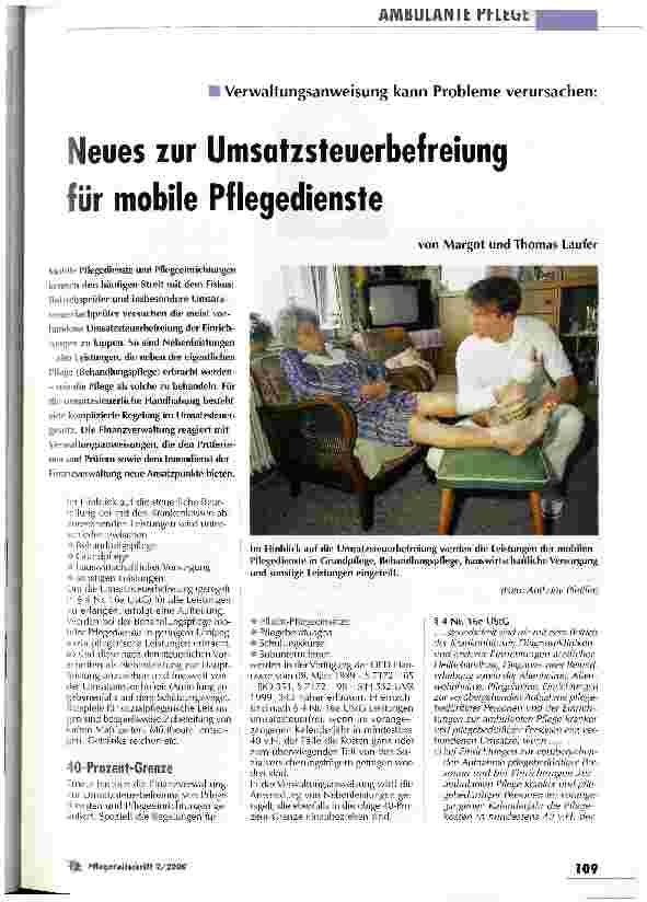 Vorschauseite 1: Neues zur Umsatzsteuerbefreiung für mobile Pflegedienste Verwaltungsanweisung kann Probleme verursachen