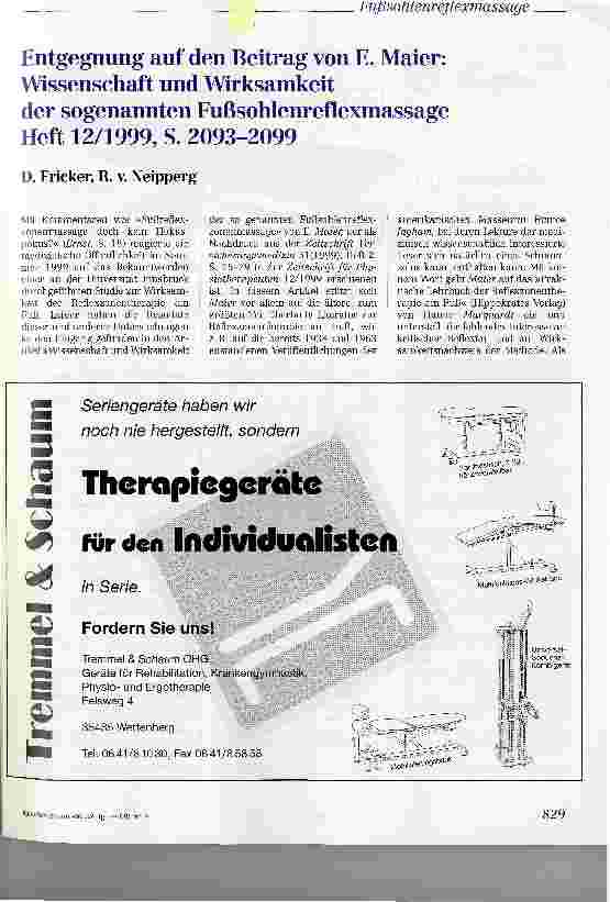 Vorschauseite 1: Entgegnung auf den Beitrag von E. Maier: Wissenschaft und Wirksamkeit der sogenannten Fußsohlenreflexmassage Heft 12/1999, S. 2093-2099