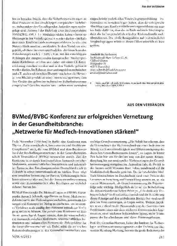Vorschauseite 1: BVMed/BVBG-Konferenz zur erfolgreichen Vernetzungin der Gesundheitsbranche:„Netzwerke für MedTech-Innovationen stärken!
