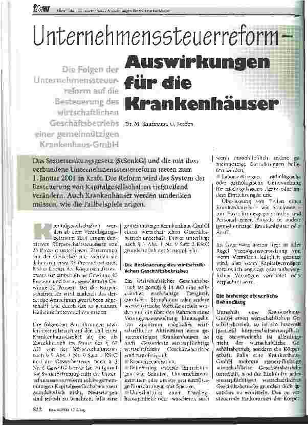 Vorschauseite 1: Unternehmenssteuerreform: Auswirkungen auf die Krankenhäuser
