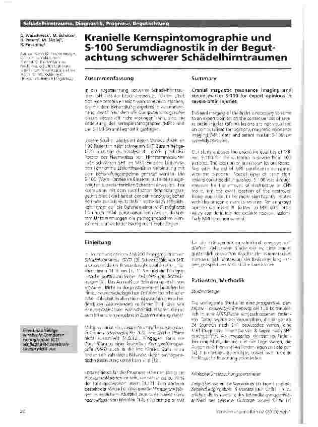 Vorschauseite 1: Kranielle Kernspintomographie und S-100 Serumdiagnostik in der Begutachtung schwerer Schädelhirntraumen