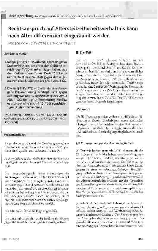 Vorschauseite 1: Rechtsanspruch auf Altersteilzeitarbeitsverhältnis kann nach Alter differenziert eingeräumt werden