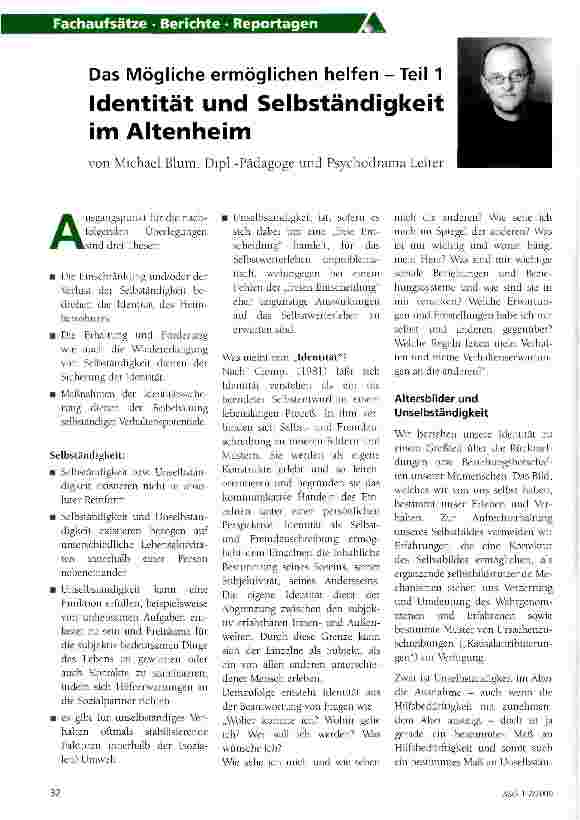 Vorschauseite 1: Identität und Selbständigkeit im Altenheim Das Mögliche ermöglichen - Teil 1