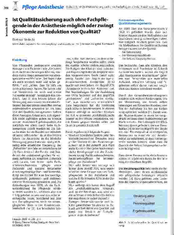 Vorschauseite 1: Ist Qualitätssicherung auch ohne Fachpflegende in der Anästhesie möglich oder zwingt Ökonomie zur Reduktion von Qualität?