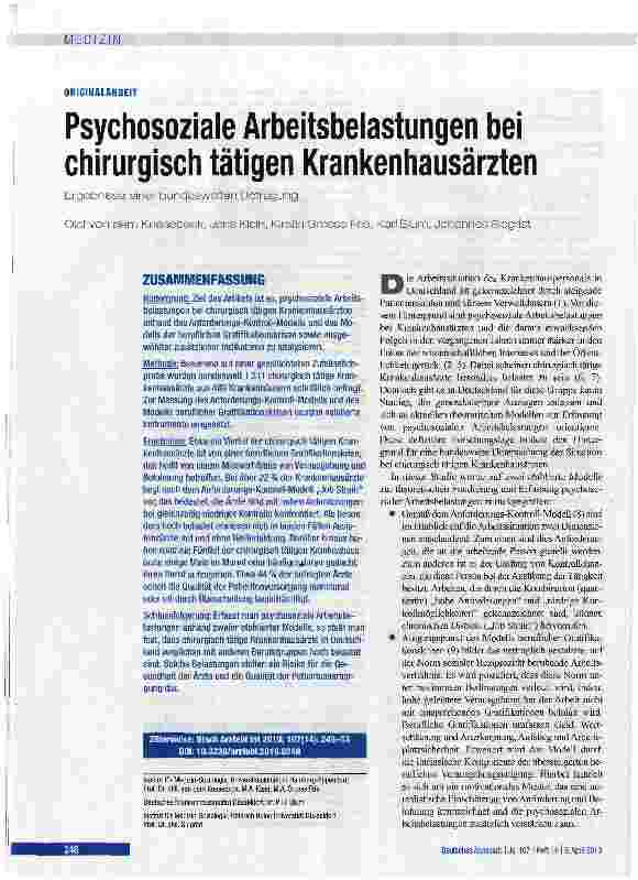 Vorschauseite 1: Psychosoziale Arbeitsbelastungen bei chirurgisch tätigen Krankenhausärzten