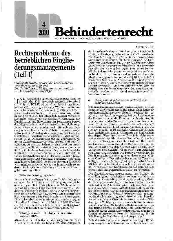 Vorschauseite 1: Rechtsprobleme des betrieblichen Eingliederungsmanagements (Teil I)