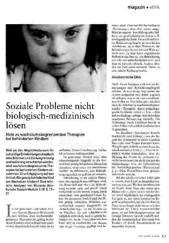 Vorschauseite 1: Soziale Probleme nicht biologisch-medizinisch lösenNein zu wachstumsbegrenzenden Therapien bei behinderten Kindern