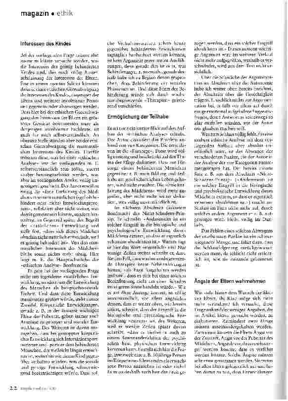 Vorschauseite 2: Soziale Probleme nicht biologisch-medizinisch lösenNein zu wachstumsbegrenzenden Therapien bei behinderten Kindern