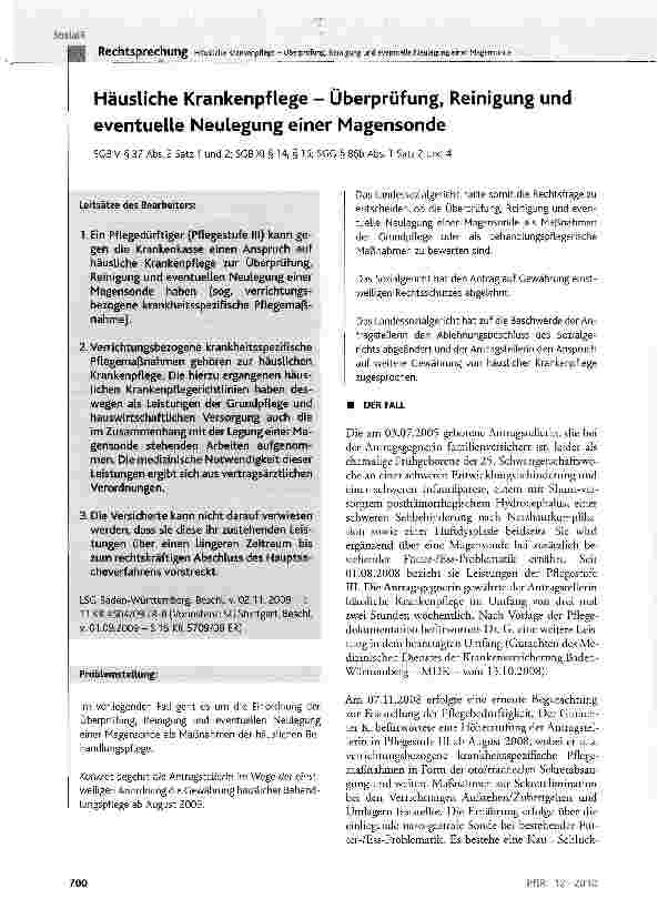 Vorschauseite 1: Häusliche Krankenpflege - Überprüfung, Reinigung und eventuelle Neulegung einer MagensondeSGBV§37Abs. 2Satz1 und2; SGBXI §14, §15; SGC §86b Abs. 1 Satz 2 und 4