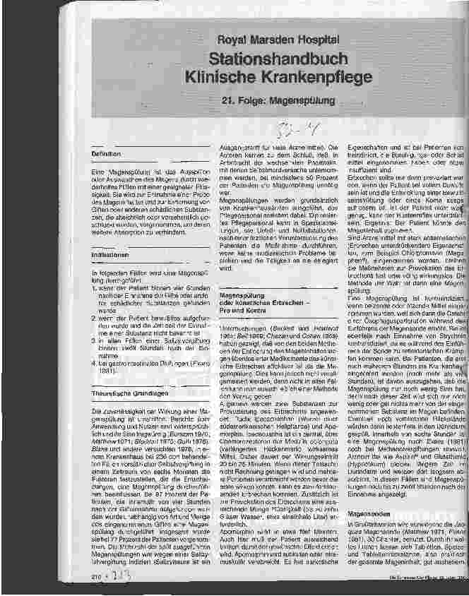 Vorschauseite 1: Royal Marsden Hospital Stationshandbuch Klinische Krankenpflege 21. Folge: Magenspülung